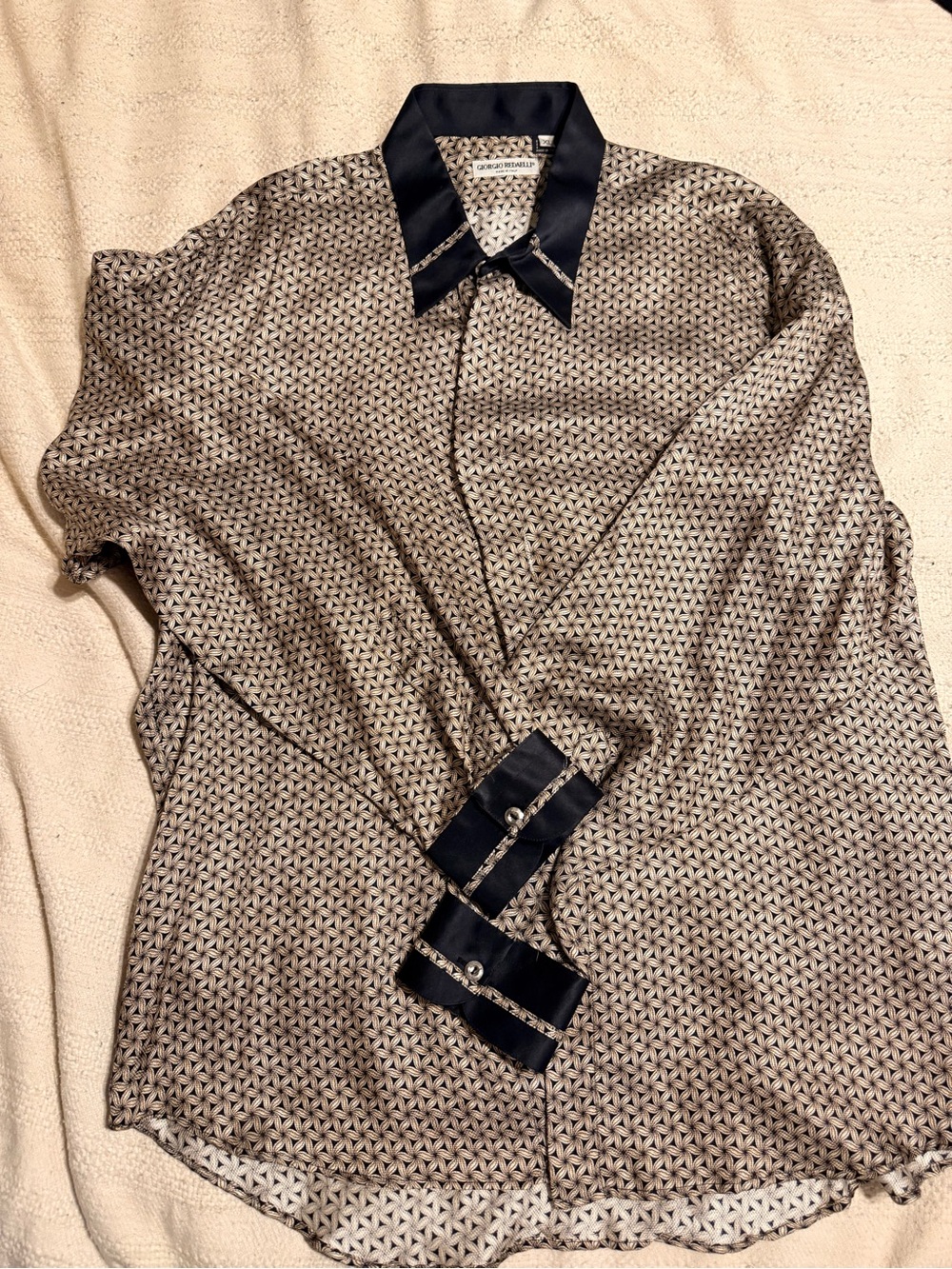 100% Pure Silk Shirt XL Beige Black Micro Floral Geometric Tile Print